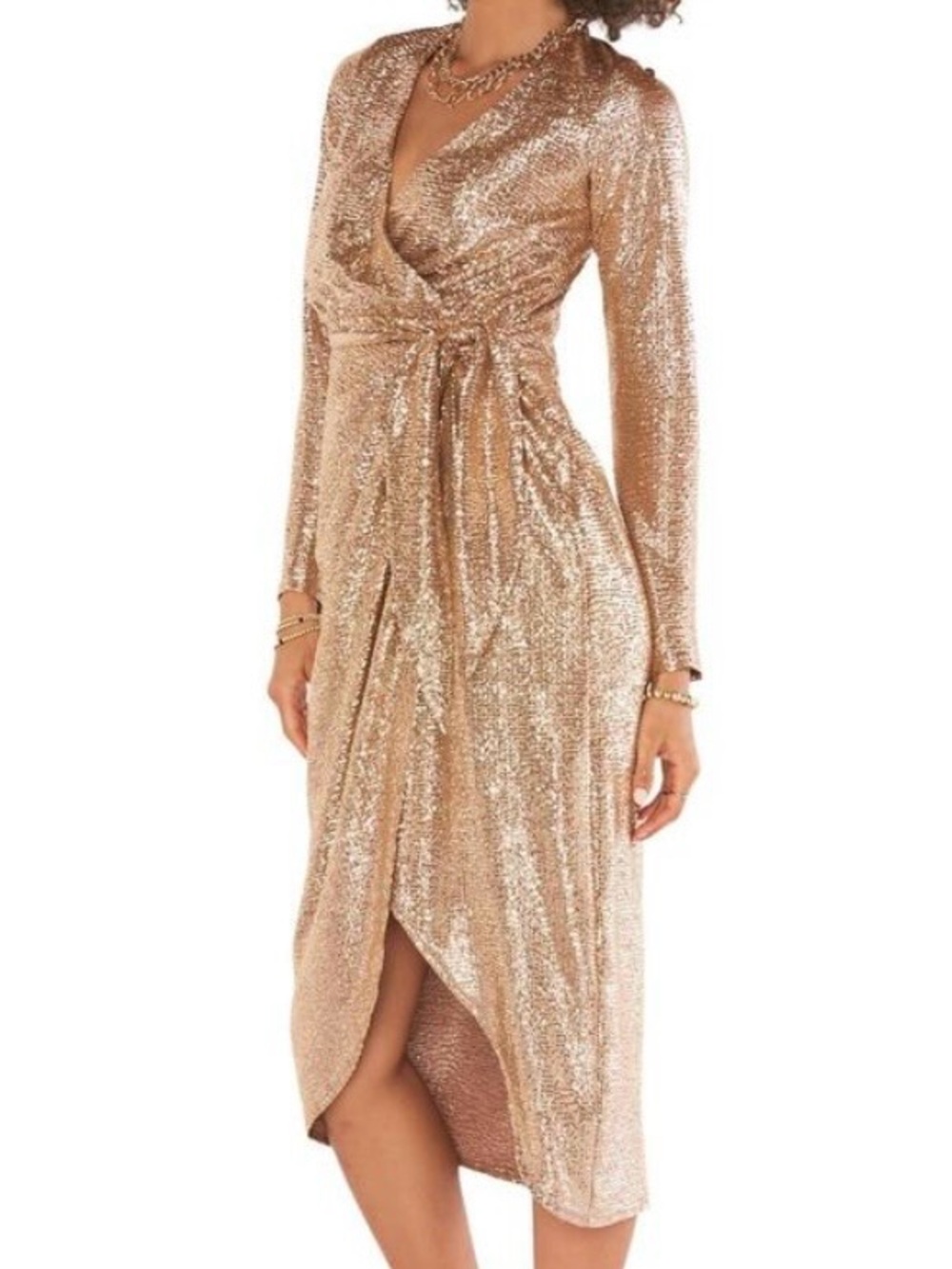 Show Me Your Mumu Kimora Wrap Midi Dress S Gold Confetti Long Sleeve NWT